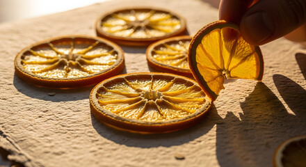 A hand delicately presents a dried orange slice amidst a collection of similar slices, all beautifully illuminated by warm, natural sunlight.