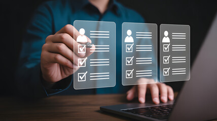 Professional digital illustration showing business analytics interface with futuristic charts graphs and dashboard elements on dark background