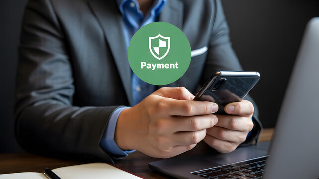Professional business photo showing hands typing on smartphone with payment icon overlay concept of mobile banking digital finance and technology