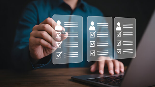 Professional digital illustration showing business analytics interface with futuristic charts graphs and dashboard elements on dark background