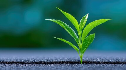 A small green plant sprouts from a crack in the ground, symbolizing growth and resilience against a blurred background.