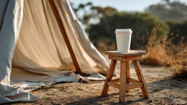 White coffee cup rests on rustic wooden stool beside tan canvas tent outdoors - Powered by Adobe