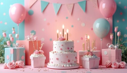 Festive birthday cake with candles surrounded gifts balloons and decorations. Celebration backdrop features pink and blue colors. Party scene includes presents and sweets for happy occasion.
