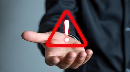 Close-up photograph of hand illuminated red triangular warning symbol with exclamation mark caution safety and alert concept