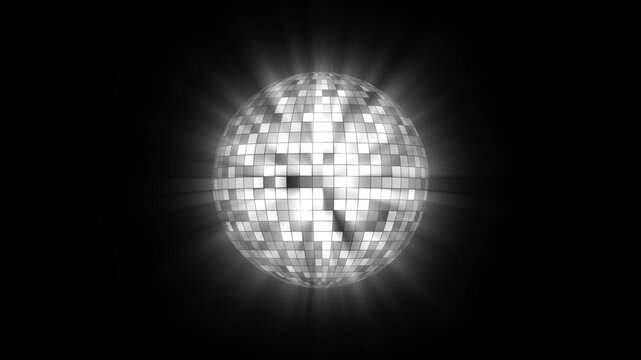 Silver disco ball animation with glowing light rays and shimmering reflections, perfect for broadcast, nightlife, music videos, events, and party visuals. seamless loop, transparent alpha channel BG