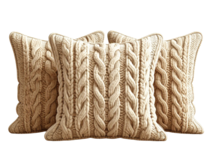 Soft decorative beige cable-pattern throw pillow for home decor isolated on transparent background PNG
