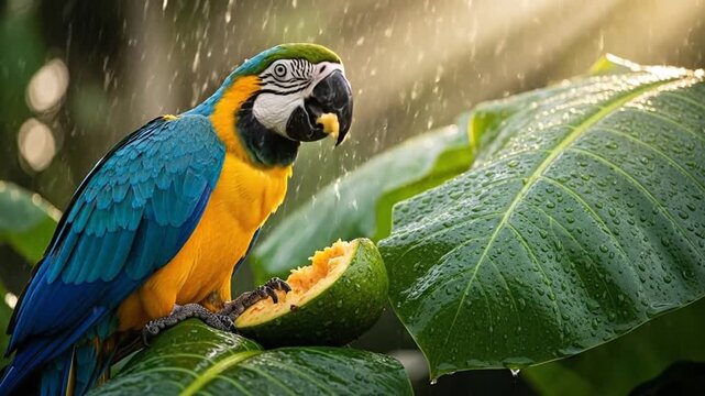 Vibrant parrot eating fruit amid lush, rain-kissed foliage in tropical setting