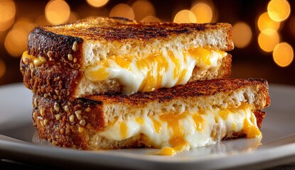 Delicious grilled cheese sandwich with melted cheese oozing from toasted bread, served on a white plate, with a warm, inviting bokeh background enhancing the culinary appeal