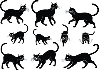 Black cat silhouettes, feline poses, walking cat, sitting cat, crouching cat, stretching cat, whiskers detail, spooky animal icons, vector design