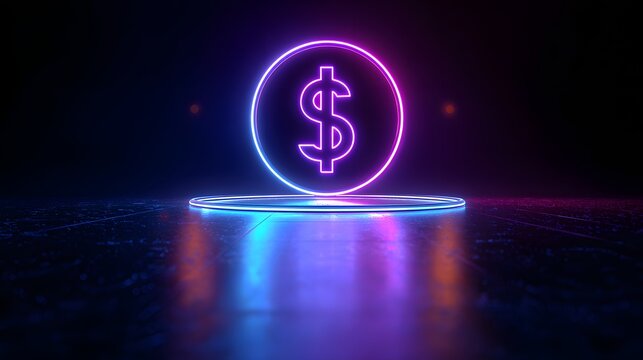 Neon Dollar Sign on Futuristic Podium with Reflective Surface.