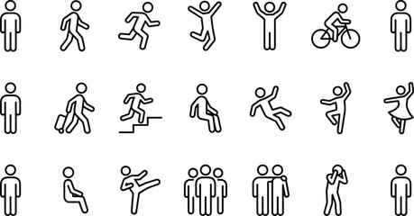 People Human Action Movement Poses Icon Set, Including Walking, Running, Sitting, Jumping, Cycling, Dancing, Friendship, and Standing Figure Pictograms, Outline Vector Graphics.