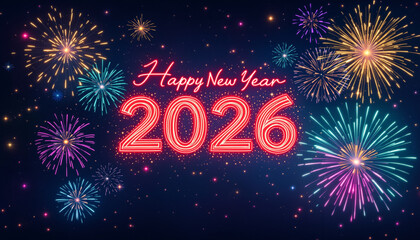 Happy New Year 2026 message with colorful fireworks celebration on a dark night sky background. Holiday event greetings card.