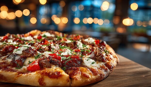 Delicious pizza topped with fresh vegetables, herbs, and melted cheese, presented on a wooden board in a cozy restaurant setting, showcasing culinary artistry and inviting atmosphere - Powered by Adobe