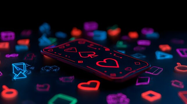 Neon Playing Card with Glowing Suits and Symbols on Dark Background.