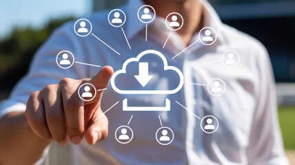 Business professional interacts with a digital interface representing centralized data distribution to a network of users