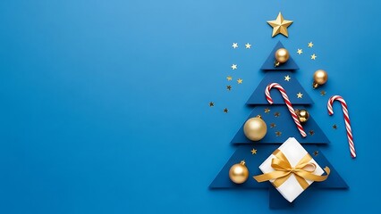 Festive christmas tree arrangement with ornaments and gifts on blue background