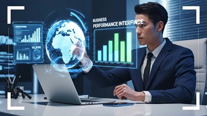 Focused Asian businessman interacts with futuristic holographic data charts, performance interfaces, and digital security alerts in a modern office. AI, big data, analytics, cyber concept. - Powered by Adobe