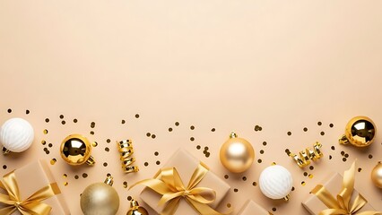 Elegant easter decoration with golden eggs ribbons and confetti on beige background