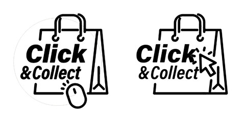 Click and collect icons. Click an collect with computer mouse pointer or mouse. Mouse cursor or Hand pointer. Concept online order or internet shopping. Ecommerce, internet sales and retail