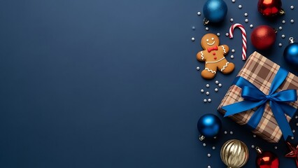 Festive christmas gift and ornament border on dark blue background with copy space