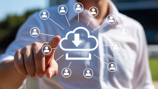 Business professional interacts with a digital interface representing centralized data distribution to a network of users