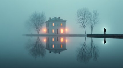 Mysterious fog blankets a quiet lake scene with a silhouette by a rustic house at dusk