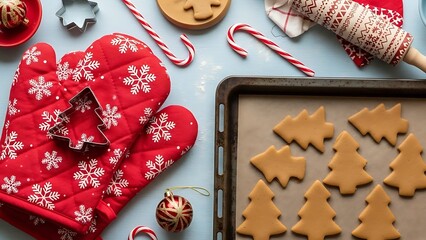 Festive christmas baking scene with gingerbread trees candy canes and oven mitt