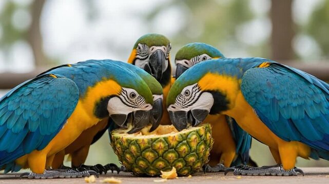 Vibrant Blue and Gold Macaws Sharing a Pineapple Feast in a Tropical Setting