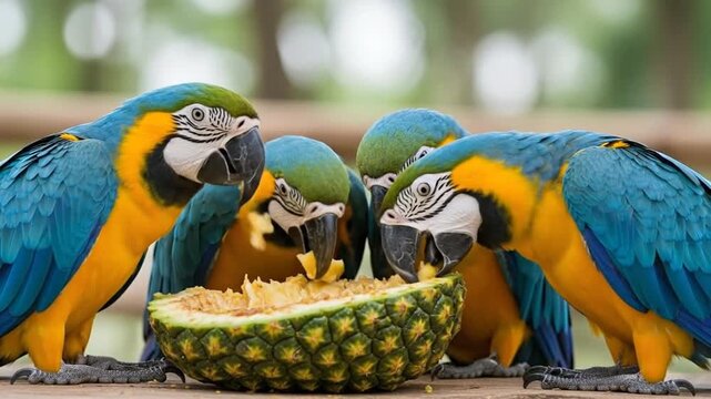 Macaws enjoying a delightful feast of melon, capturing the charm of tropical wildlife