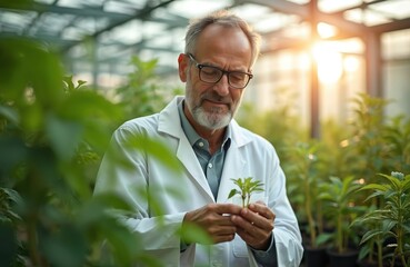 Senior scientist in white lab coat examines green sprout. Male botanist studies plant growth inside modern greenhouse. Elderly researcher at agricultural farm inspects seedling development. Man