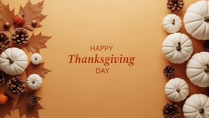 Elegant thanksgiving background with white pumpkins pine cones and maple leaves