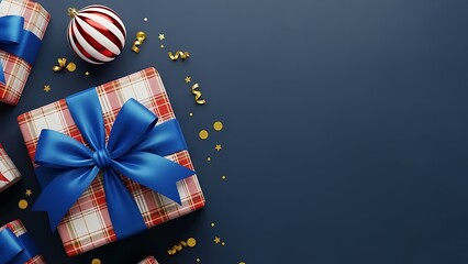 Elegant gift boxes with blue ribbons and ornaments on dark background