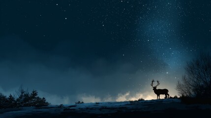 Silhouette of majestic stag standing on snowy hill beneath vibrant starry night sky