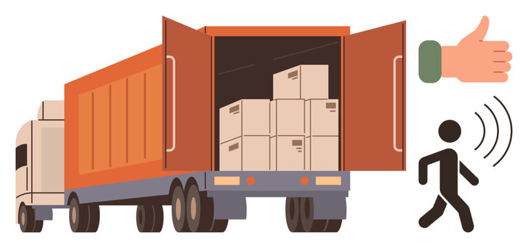 Open cargo truck with stacked boxes, thumbs-up approval, and a pedestrian walking away. Ideal for delivery, logistics, transportation, supply chain, e-commerce shipping customer service. Simple