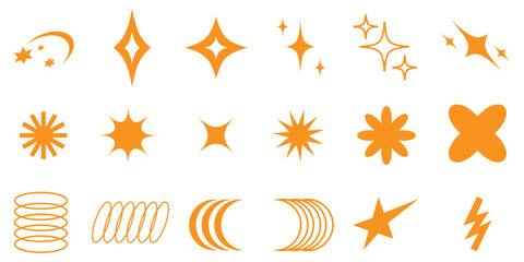 Y2K decorative shapes vector illustration pack, inspired by the bold, shiny, and futuristic aesthetic of the early 2000s. Includes stars, sparkles, ovals, blobs, and abstract forms
