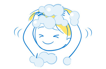 シャンプーを泡立てて頭を洗っている子供のイラスト
