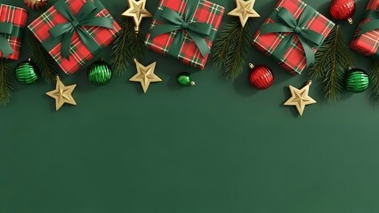 Festive christmas border with plaid gifts and green background