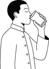 Man Drinking Water Line Art &ndash; Isolated on Transparent Background &ndash; Black and White Illustration