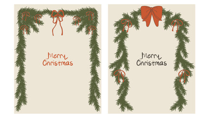 Merry Christmas border frames set with pine branches and bow ribbon. Doodle ink sketch vintage style. Flat vector illustration.