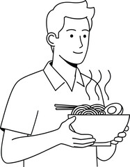 Man Eating Noodles Line Art – Isolated on Transparent Background – Black and White Illustration