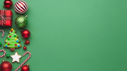 Festive christmas border with ornaments gifts and candy on green background