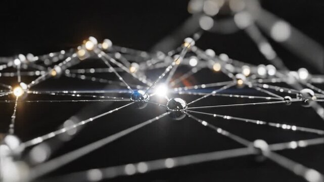 Interconnected glowing and reflective spheres forming an abstract network on a dark background