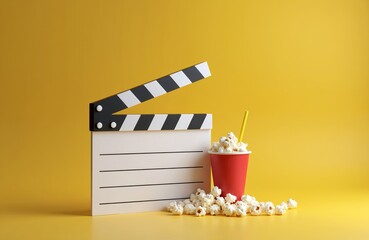 Blank clapperboard with popcorn, drink render on yellow. Perfect for cinema industry promotion film festival poster. Online streaming platform template. Good for movie blog banner. Entertainment