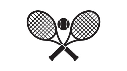 Tennis rackets crossed with a tennis ball simple black vector icon for sports and recreation isolated on white background