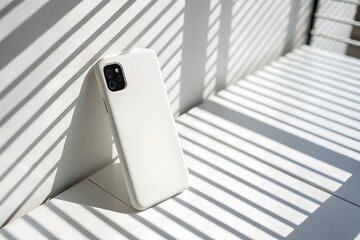 White smartphone in protective case leaning against wall