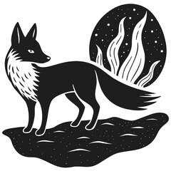 Obraz premium Stylized fox illustration with cosmic moon and wild fiery flames