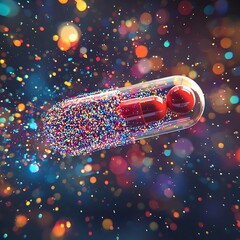 Colorful medicine capsule bursting with vibrant particles high resolution picture