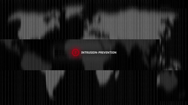 World Map Overlayed with Binary Code and a Central " INTRUSION- PREVENTION" Label on a Dark Background
