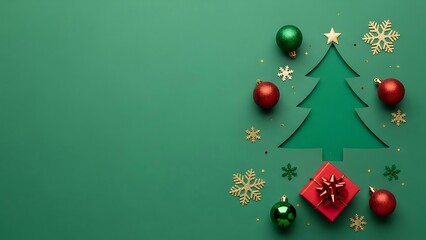 Festive christmas tree with ornaments and gift on a green background