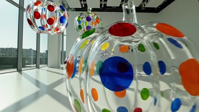 Vibrant glass pumpkin art installation with colorful polka dots in a bright, modern art gallery. Sunlight creates dynamic reflections on the polished floor, showcasing contemporary design and whimsica